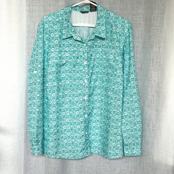 Eddie Bauer Shirt Button Up Size XXL Outdoor Back Vent TopTeal & White Floral - Picture 1 of 7